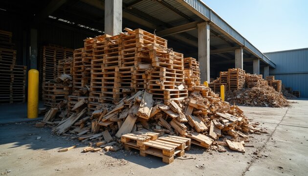 Large pile of broken wooden pallets and shipping crates at abandoned warehouse site. Stacked timber planks and debris outside industrial building. Wood waste.