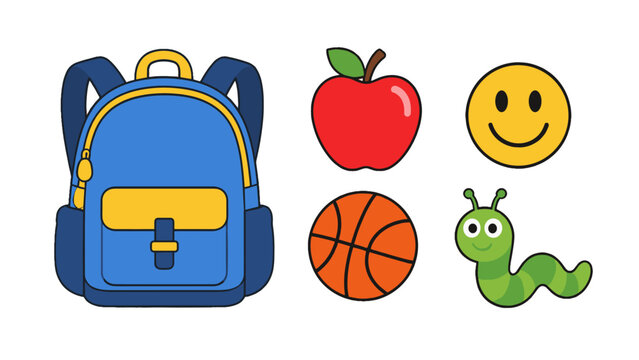 Cartoon school icons set with backpack apple ball worm and smile