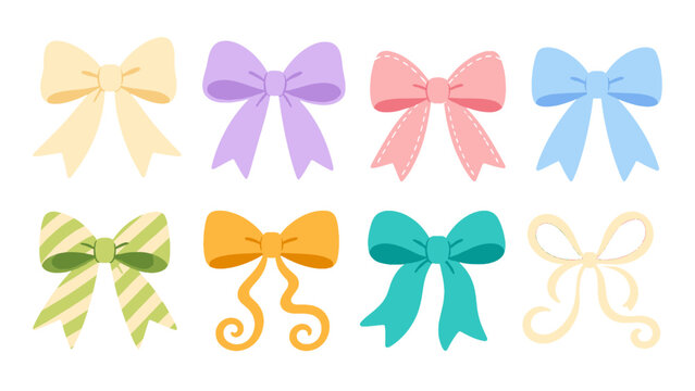 Set of colorful decorative ribbon bows in flat vector style
