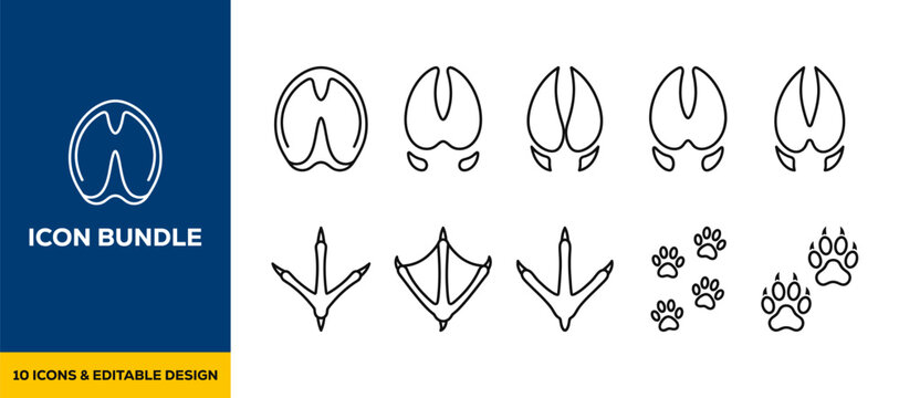 Icon bundle of animal footprints and wildlife tracking symbols featuring bird paw and hooves in professional minimalist line stroke vector style for nature and hunting guide design