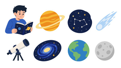 Space exploration icons with boy reading and astronomy objects © Mark