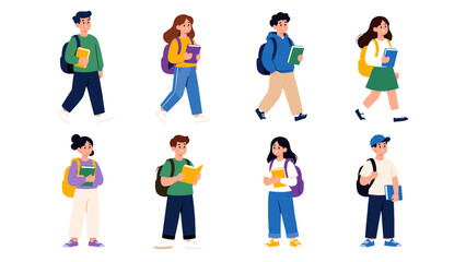 Fototapeta premium Set of students walking and standing with books and backpacks