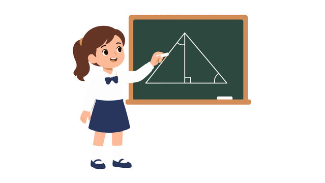 Schoolgirl pointing at geometric triangle on classroom chalkboard