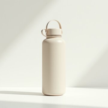 Minimalist beige reusable water bottle with loop cap stands on clean white surface. Bottle offers mockup space for branding. Eco friendly hydration container.