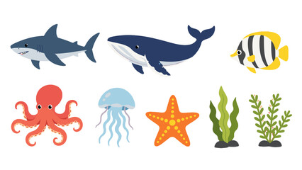 Cartoon sea animals and plants vector set on white background © Mark