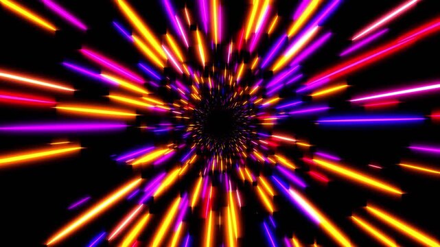 Cosmic speed background animation with neon laser beams on black, 3D abstract science fiction hyperspeed background, 4k computer graphics animation.