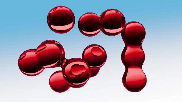Red water droplets in the air on blue background, red floating balls as natural wallpaper, 3D seamless computer graphic animation.