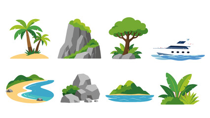 Tropical island landscape elements and yacht vector set © Mark
