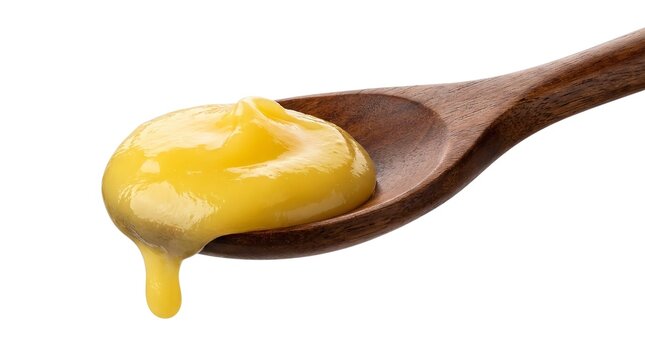 Smooth creamy yellow lemon curd served on a rustic dark wooden spoon on white background