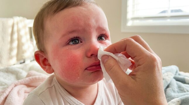 A concerned parent tenderly wipes the runny nose of their crying infant using a soft white tissue.