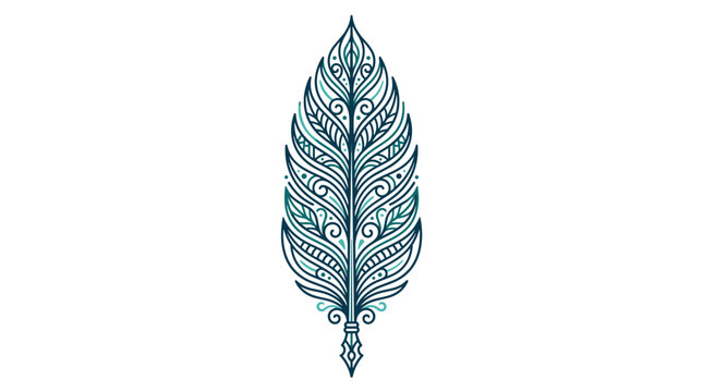 Intricate and Decorative Feather Illustration with Mandala-like Patterns in Teal and Blue Tones on a White Background, symbolizing lightness and elegance