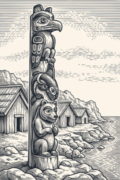A traditional Native American totem pole with an eagle, salmon, and bear on a rocky shore. Vector illustration in a vintage monochrome engraving style.