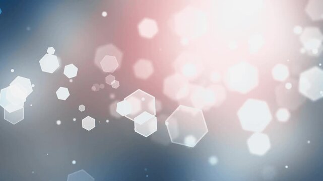 Abstract background with glowing hexagonal bokeh lights and soft gradient transitions, featuring a modern digital aesthetic with floating geometric shapes