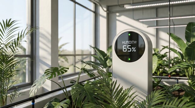 Modern humidity sensor displaying 65% humidity surrounded by lush green tropical plants in an indoor vertical garden or greenhouse setting with natural light.