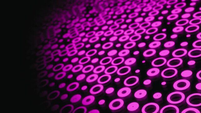 Abstract background with glowing pink circles of different sizes arranged in a perspective grid pattern on a black surface