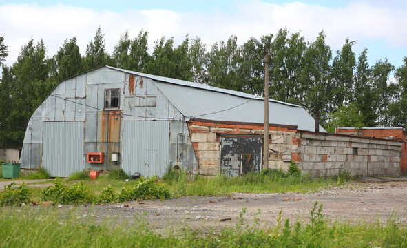 An old metal hangar with a brick annex, Skladskaya Street, Saint Petersburg, Russia, June 12, 2026