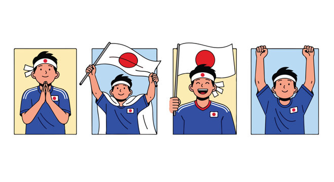 Cartoon man in blue shirt with headband showing various emotions and holding Japanese flag