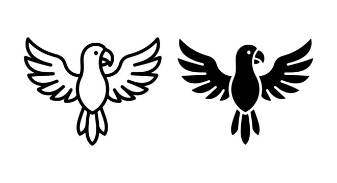 Parrot Icon Set: Outline and Silhouette Vector Graphics for Avian Themes, Wildlife, and Tropical Concepts