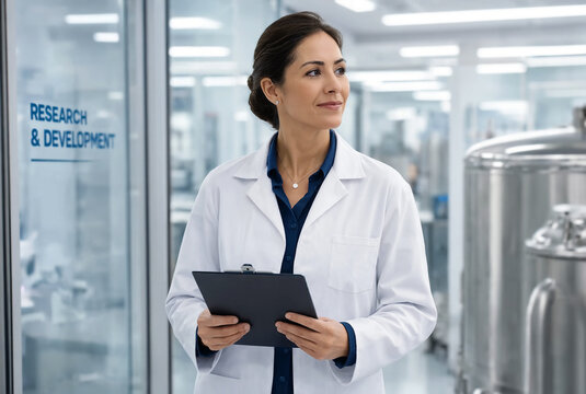 A visionary female pharma executive in a crisp white lab coat holds a clipboard inside a modern research facility. She smiles thoughtfully surrounded by advanced steel industrial laboratory equipment