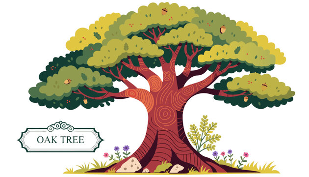 Very beautiful OAK TREE with a massive trunk, lush green canopy, detailed bark textures, natural landscape accents, and a decorative botanical label reading "OAK TREE", realistic colorful vector illus