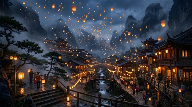 Magical sky lantern festival over an ancient traditional Asian village in a misty mountain valley at night.