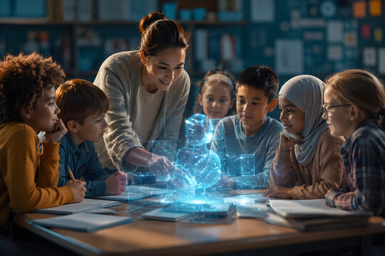Teacher and diverse children observing interactive hologram in class