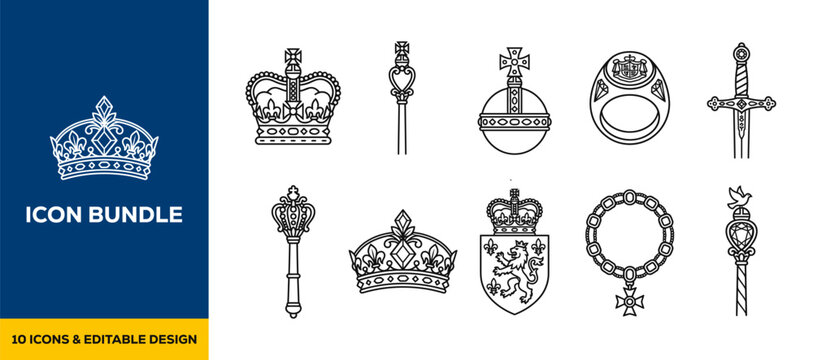 Icon bundle royal crowns and scepter symbols set featuring hand drawn minimalist doodle sketch vector illustrations for professional luxury jewelry and branding design assets art.