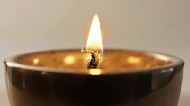 Candle flame flickers steadily in a darkened room, showcasing the glowing wick and surrounding wax in a beautifully crafted black bowl