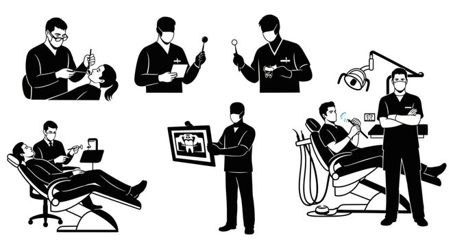 Dentist examining patient in clinic, dental care icons