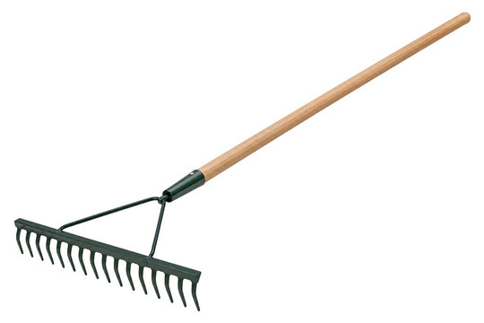 Garden rake with wooden handle isolated on white background