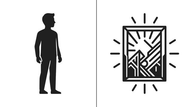 A minimalist black silhouette of a person standing next to a glowing framed landscape art piece.