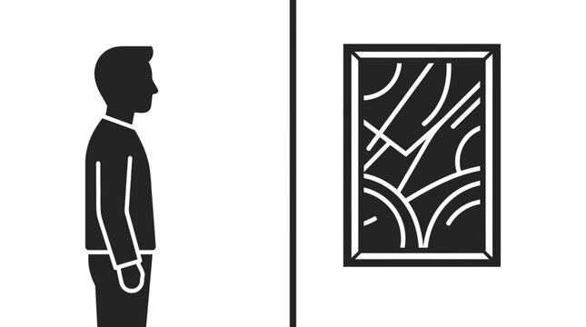A side profile of a person looking at an abstract framed painting on a wall.