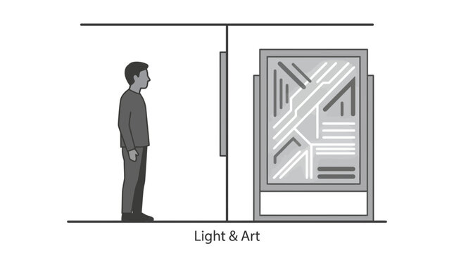 A person standing in front of a framed art display in a gallery setting.