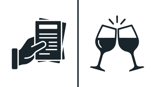 A set of two minimalist black icons representing a menu and a toast with wine glasses.