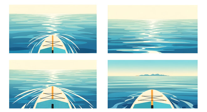 Voyage of Discovery: A captivating quartet of stylized illustrations depicts the journey across a calm, sun-drenched ocean. The perspective is from the bow of a vessel.