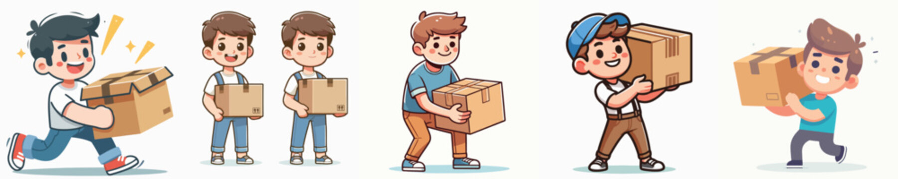 set of vectors of young men lifting cardboard