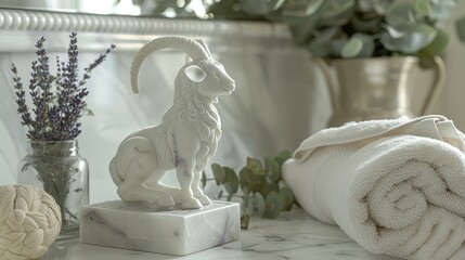 Naklejka premium White marble ram statue on bathroom counter. Soft lighting highlights elegant curves. Lavender and eucalyptus add calming touch. Rolled towels suggest spa or luxury setting