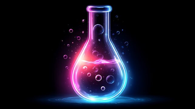 Blue glowing liquid swirling inside glass beaker with purple light reflection