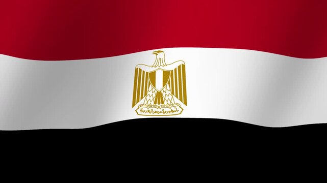 Waving Egyptian flag with golden eagle emblem and Arabic text in the center on a white stripe