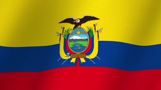 The national flag of Ecuador waving in the wind with its coat of arms featuring an Andean condor and a steamship on a river