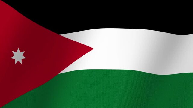 Waving flag of Jordan with black white and green stripes and a red triangle with a white star