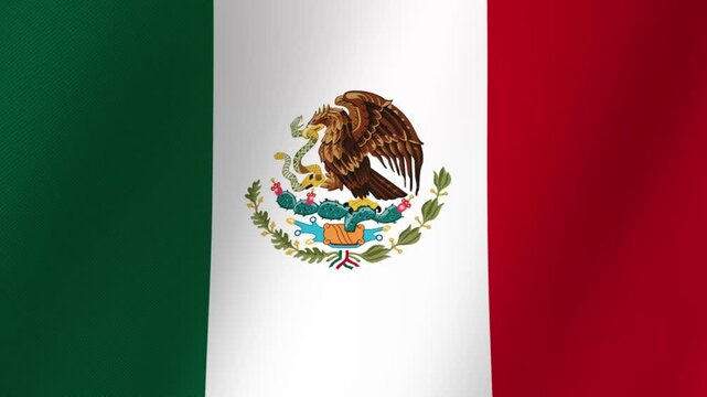 The national flag of Mexico waving gently, showcasing its iconic emblem of an eagle devouring a snake on a cactus
