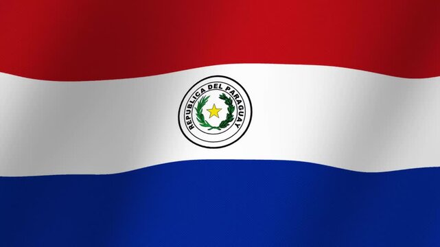 The national flag of Paraguay waving in the wind with its distinctive emblem of a star and wreath