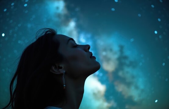 Woman looks up at starry night sky. Contemplative mood, seeking connection with universe, cosmos, planets, stars. Spiritual awe and wonder under the vast night.