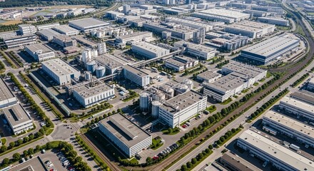 Fototapeta premium Expansive industrial processing district with numerous factories and warehouses under a clear sky, showcasing modern manufacturing infrastructure.