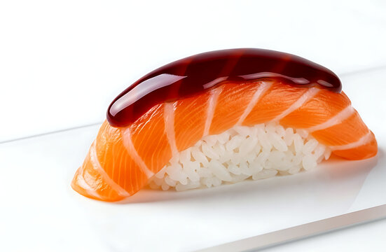 Minimalist, a single, symmetrical piece of salmon nigiri sushi with an impossibly glossy, mirrorli ke glaze of nikiri sauce, resting on a solid white acrylic sheet 