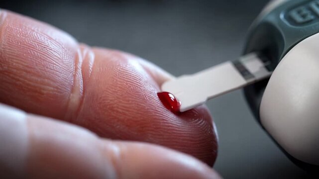 Blood glucose test strip touching fingertip blood drop during home diabetes monitoring close-up macro view