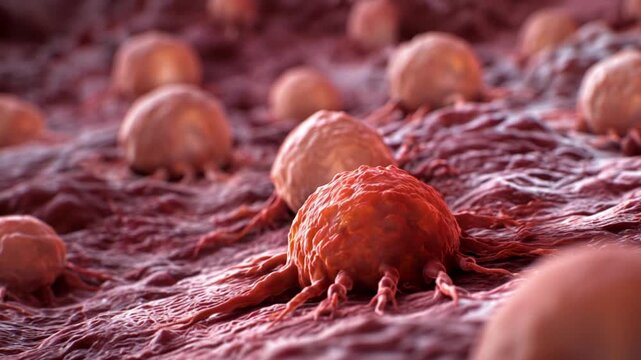 Cancer tumor shrinking and disappearing on tissue surface in microscopic medical 3D oncology visualization