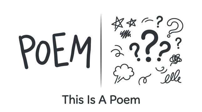 Hand drawn illustration featuring the word poem and various question marks and doodles.