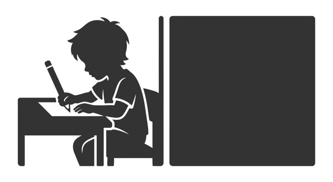 A silhouette of a young student sitting at a desk writing with a pencil.